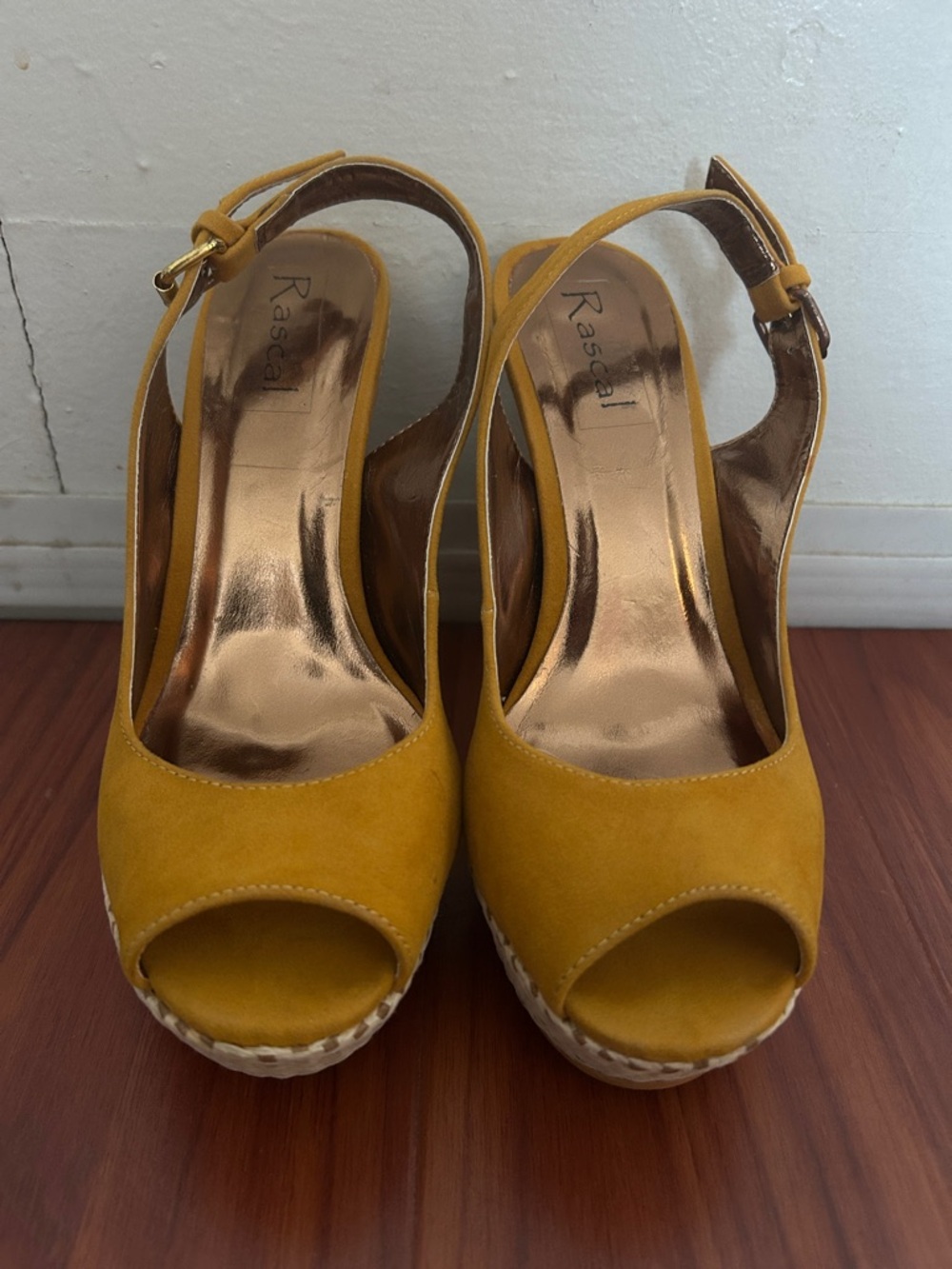 Mustard Suede Peep-Toe Wedge Heels with Ankle Strap